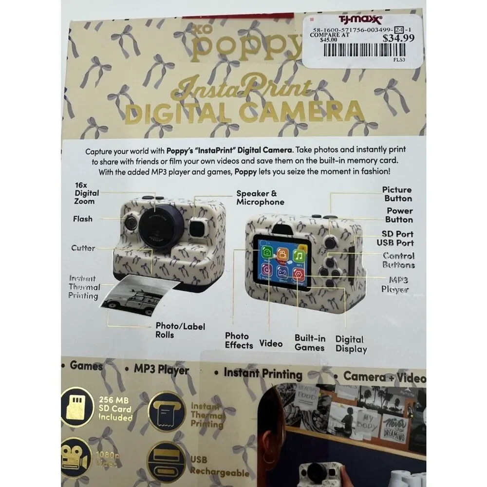 NIB XO Poppy White Digital insta-print Camera with Blue ribbon Accents